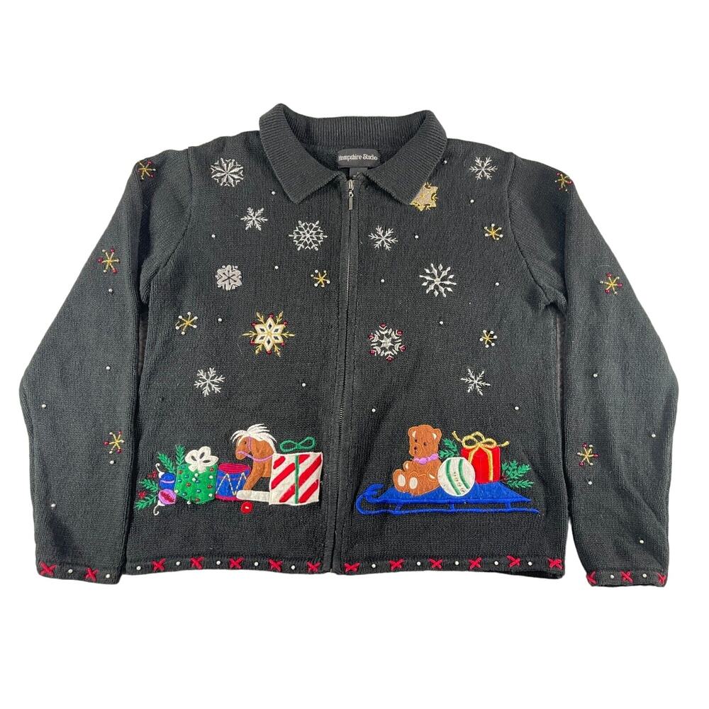 Hampshire Studio Sweater Womens Medium Christmas Black Vintage Full Zip Ugly